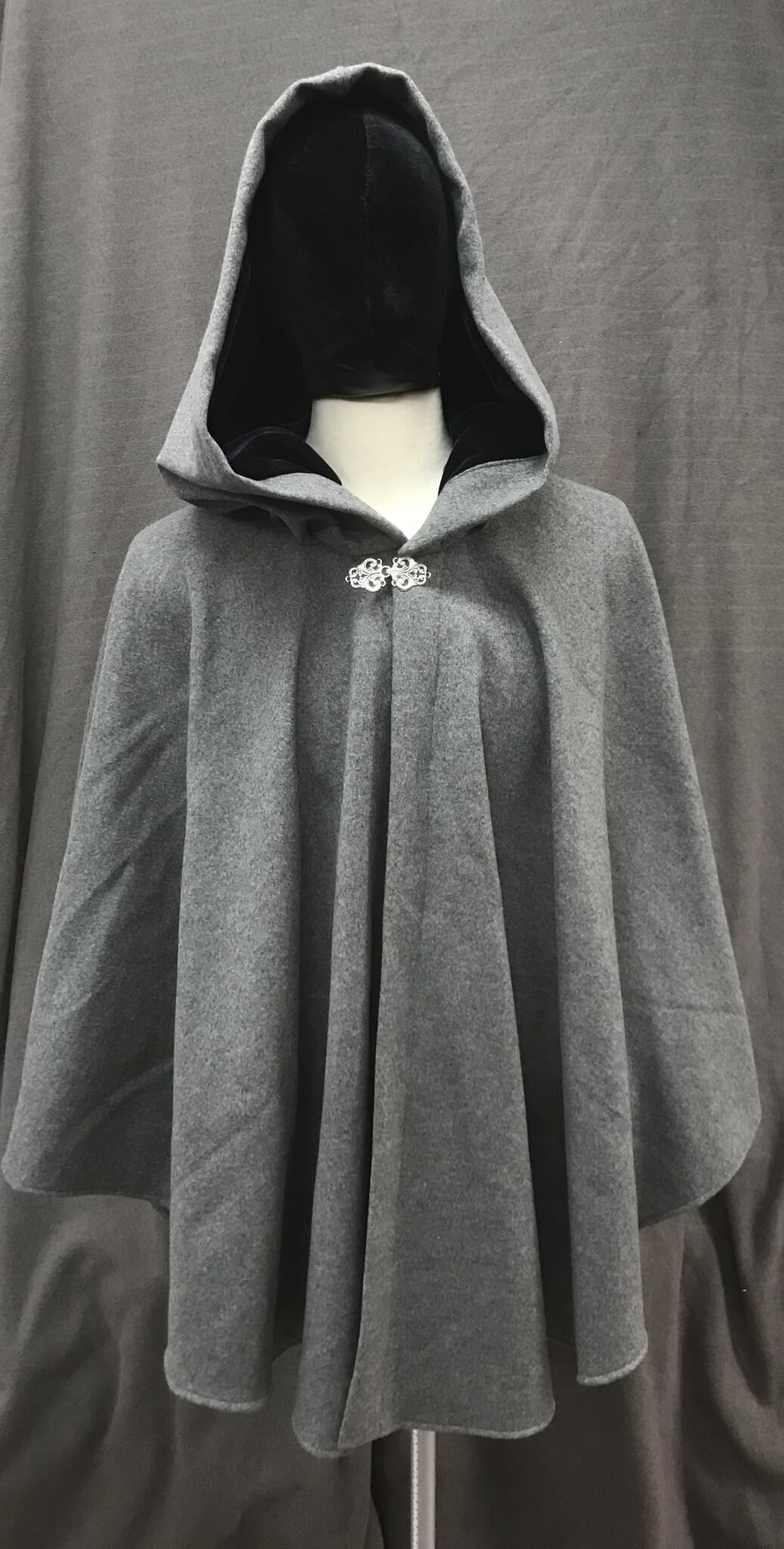 4125 - Heathered Grey Wool Ruana Style Cloak, Midnight Blue Velvet Hood ...