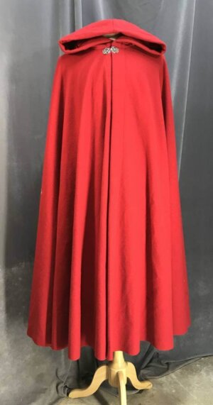 3962 - Cheery Red Full Circle Washable Cloak, Red Stretch Velvet Hood Lining, Silver-tone Triple Medallion Clasp