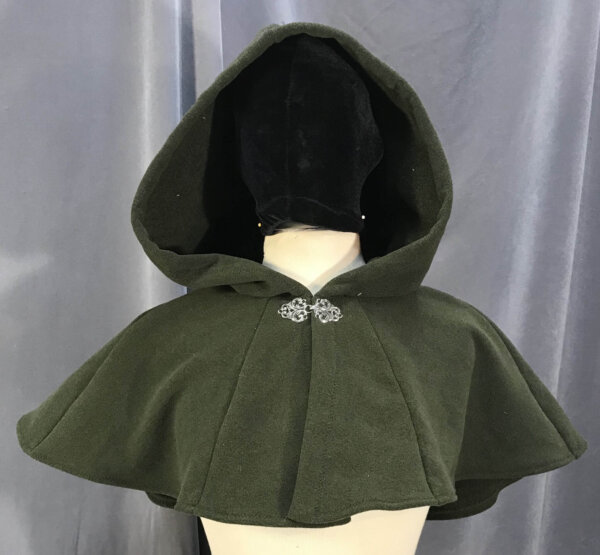 3996 - Olive Green Washable Fleece Short Cloak, Silver-Tone Vale Clasp