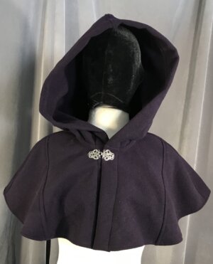 4003 - Eggplant Purple Short Cloak, Unlined Hood, Pewter Triple Medallion Clasp