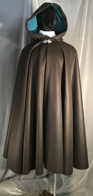 4001 - Brown Wool Full Circle Cloak, Teal Cotton Velvet Hood Lining, Pewter Triple Medallion Clasp