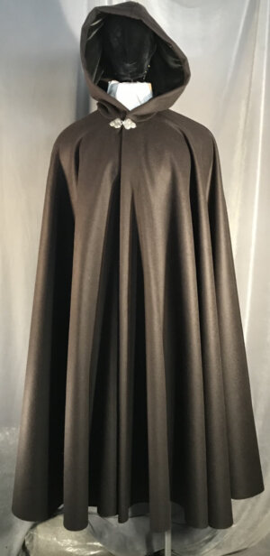 4005 - Brown Full Length Full Circle Cloak, Olive Silk Velvet Hood Lining, Pewter Triple Medallion Clasp