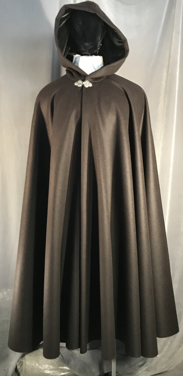 4005 - Brown Full Length Full Circle Cloak, Olive Velvet Hood Lining