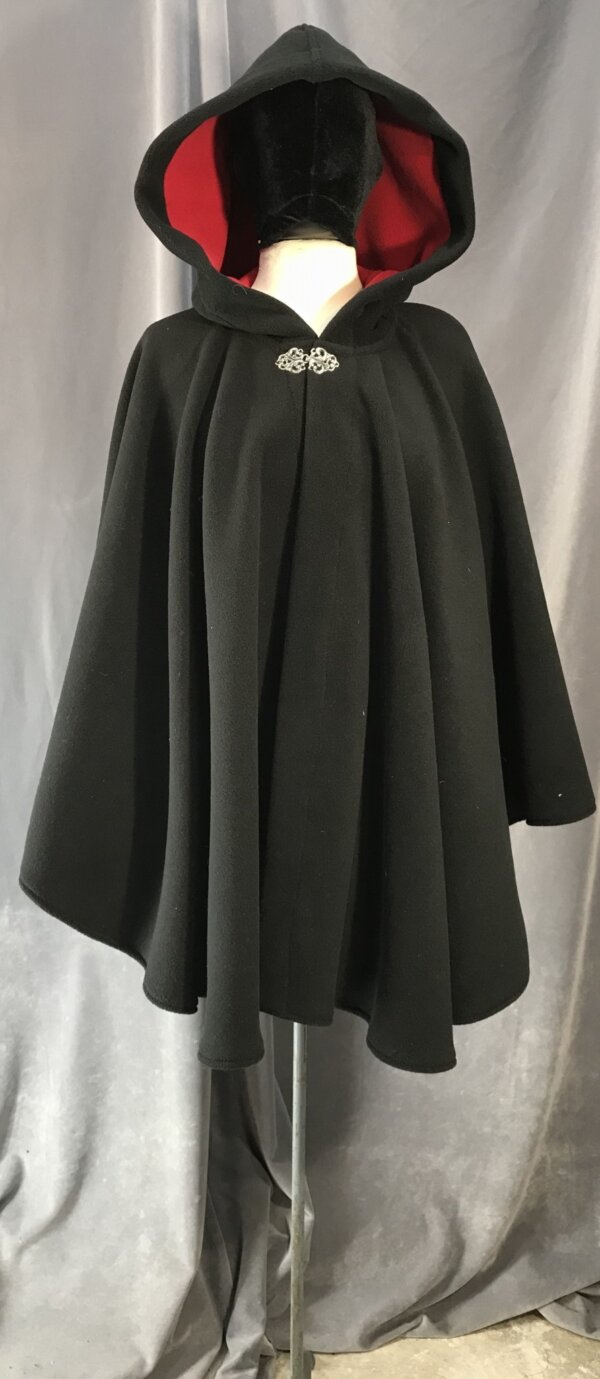 4026 - Double Layer Fleece Short Cloak, Black w/Red Self-Lining, Pewter Vale Clasp