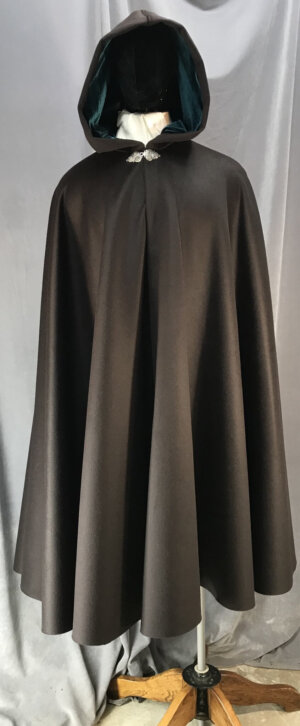 4047 - Deep Brown Cashmere Wool Full Circle Cloak, Teal Stretch Velvet Hood Lining, Pewter Triple Medallion Clasp