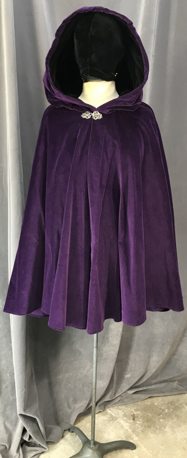 4080 - Purple Cotton Velvet Full Circle Cloak, Black Cotton Velvet Hood Lining, Pewter Vale Clasp