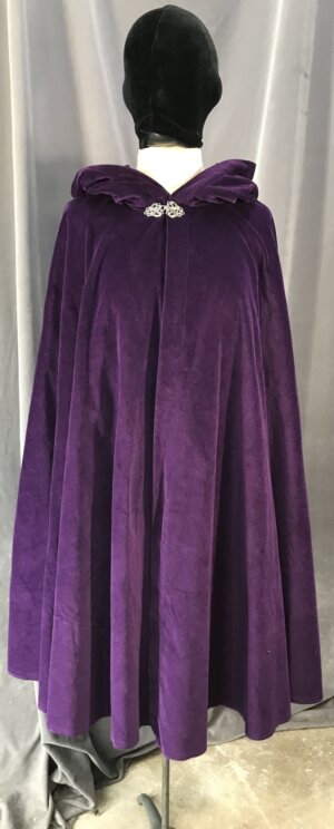 4083 - Purple Cotton Velvet Shaped Shoulder Cloak, Black Velvet Hood Lining, Pewter Vale Clasp