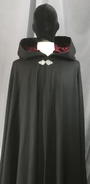 4094 - Black Wool Full Circle Cloak w/Burgandy Red Velvet Hood Lining, Pewter Triple Medallion Clasp