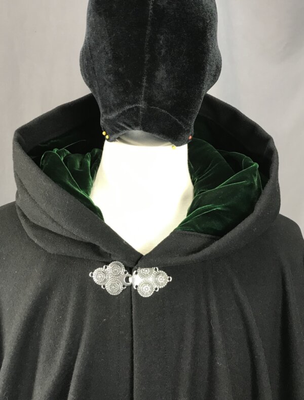 4097 - Black Wool Blend Full Circle Cloak w/Deep Green Velvet Hood Lining, Pewter Triple Medallion Clasp