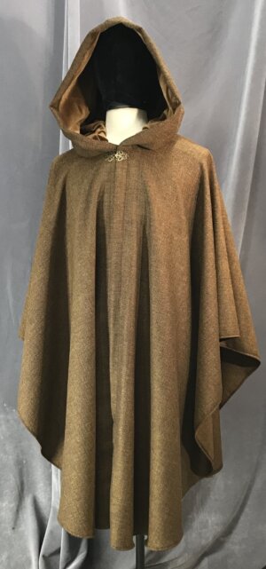 4118 - Variaged Brown w/Black Herringbone Ruana-Style Cloak, Brown Velvet Hood Lining, Curly Bronze-look Clasp