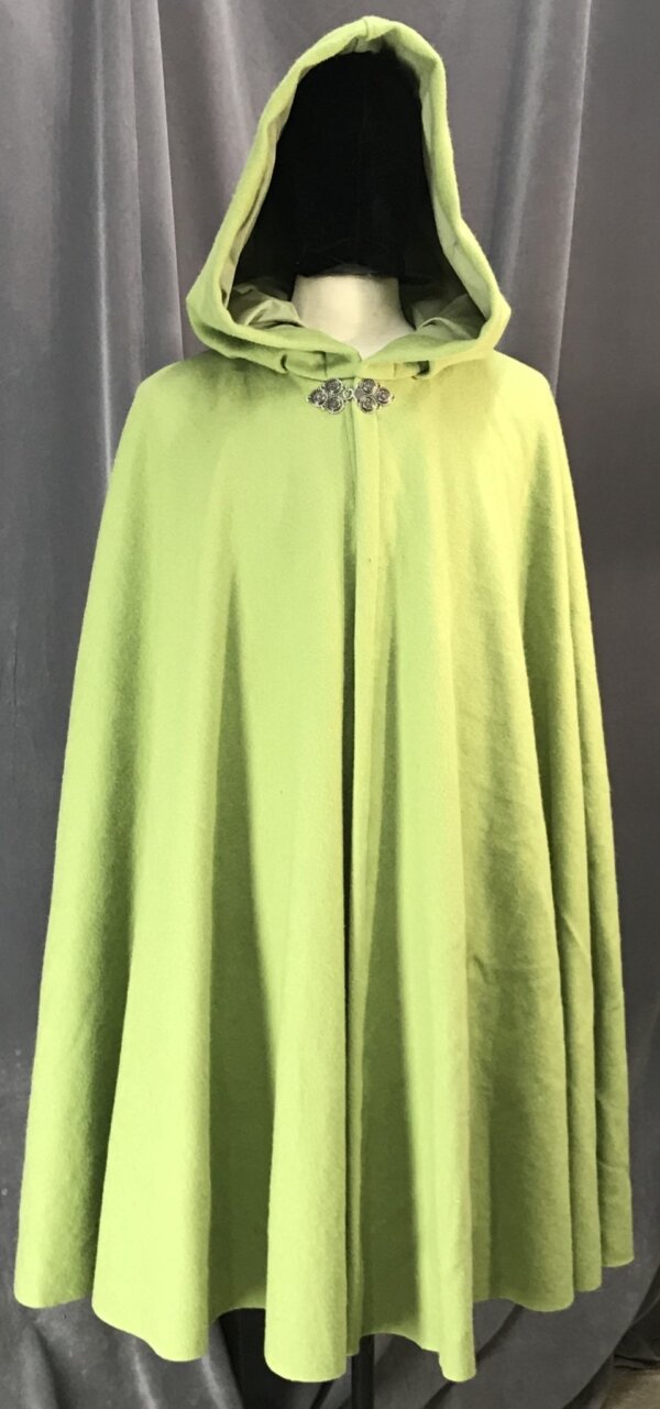 4121 - Lawn Green Washed Wool Blend Cloak, Tea Green Cotton Hood Lining, Pewter Triple Medallion Clasp