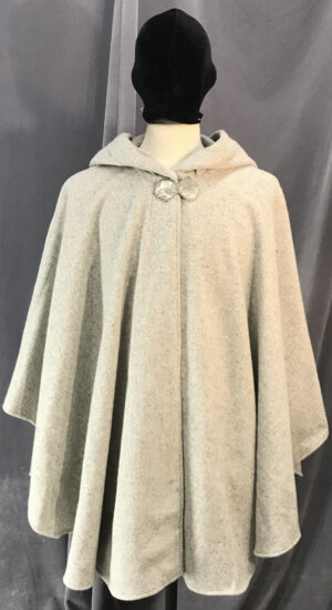 4123 - Light Variagated Grey Wool Ruana-Style Cloak, Unlined Hood, Pewter Round Celtic Horses Clasp