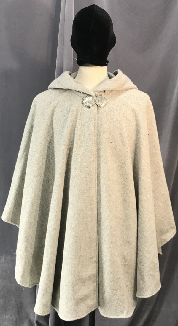 4123 - Light Variagated Grey Wool Ruana-Style Cloak, Unlined Hood, Pewter Round Celtic Horses Clasp