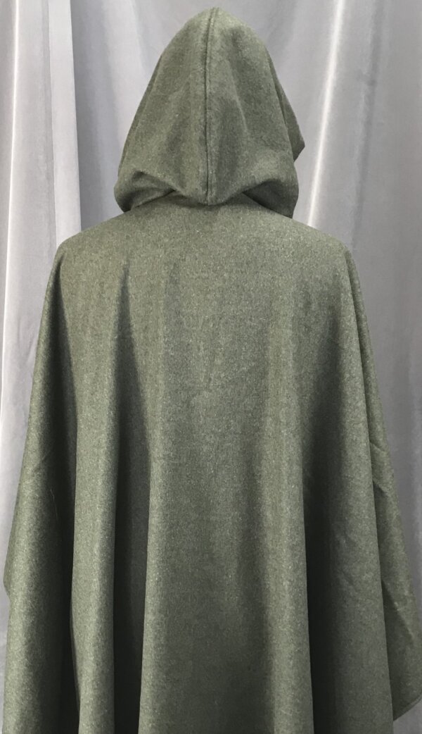 4155 - Heathered Grey-Green Cashmere Blend Ruana Style Cloak, Olive Green Stretch Velvet Hood Lining, Pewter Vale Clasp