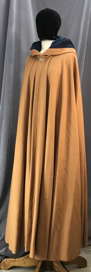 4129 - Ochre Brown Long Cloak, Persian Blue Faux Suede Hood Lining, Golden Vale-type Clasp