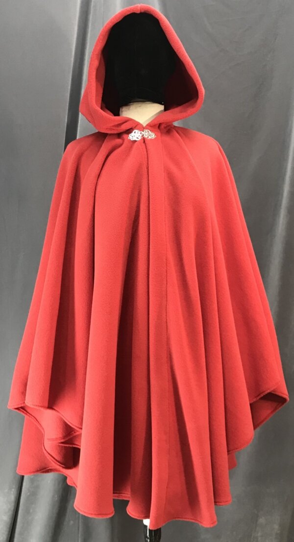 4140 - Easy Care Scarlet Red Fleece Ruana Style Cloak, Silvertone Vale Clasp