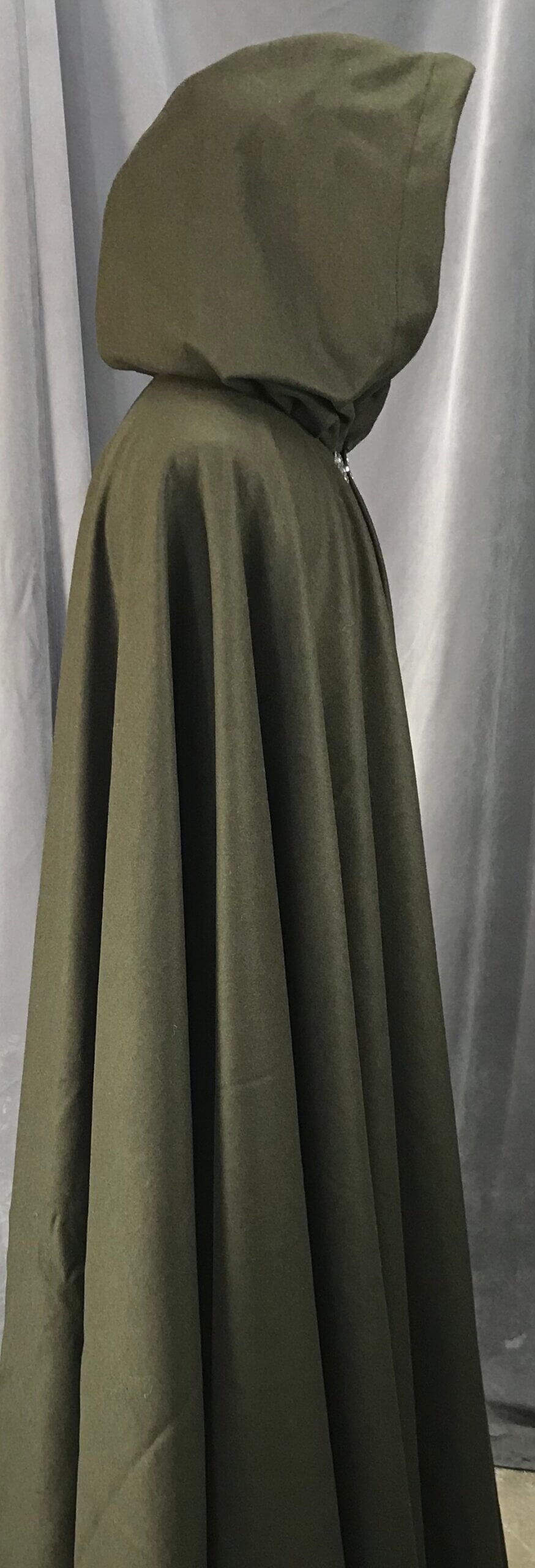 3929 - Dark Moss Green Full Circle Short Cloak, Black Cotton Velvet Hood  Lining, Pewter Triple Medallion Clasp