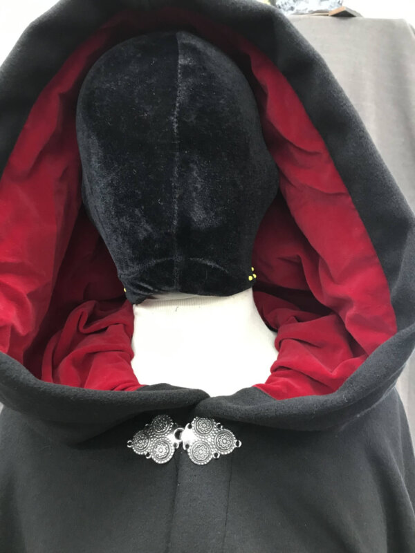 4170 - Plush Black Wool Blend Full Circle Cloak, Blood Red Velvet Hood Lining, Pewter Clasp