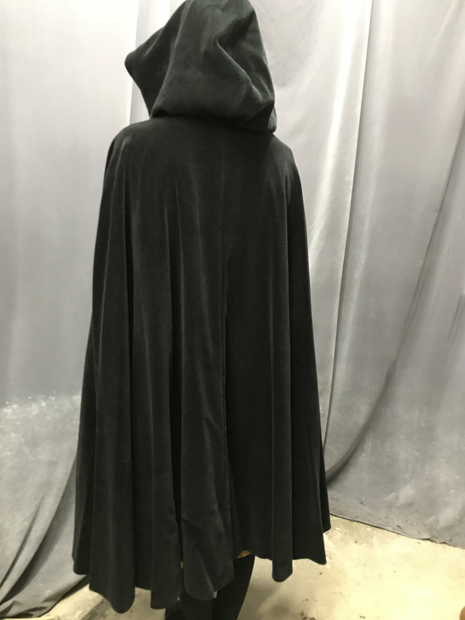 4172 - Black Cotton Velvet Shaped Shoulder Cloak, Unlined Hood, Snap ...