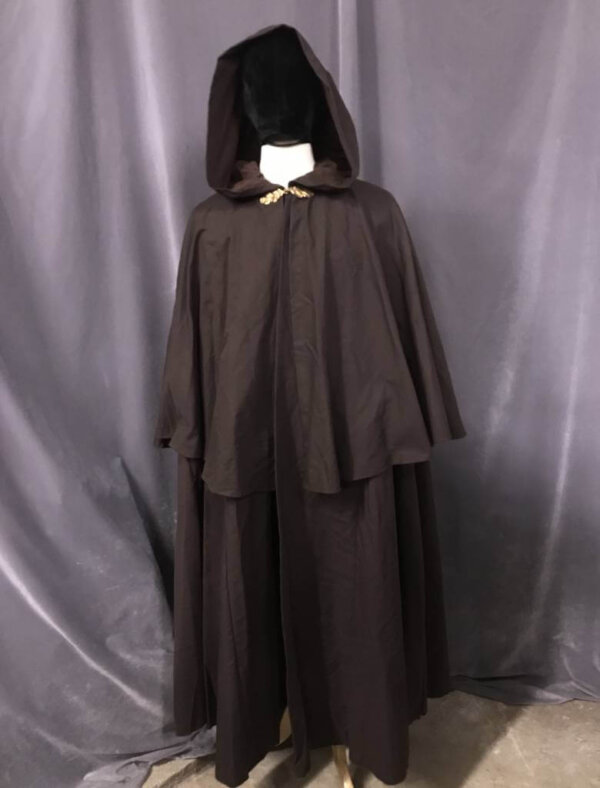 3843 - Washable Brown Cotton Shaped Shoulder Cloak w/ Matching Mantle, Brown Moleskin Hood Lining, Gold-tone Oak Leaf Clasp