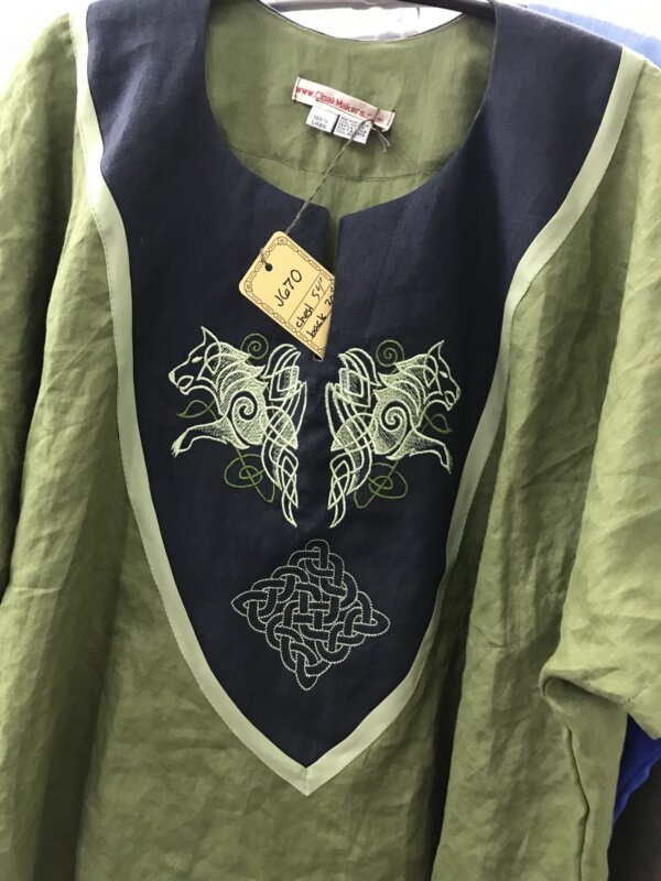 J670- Olive Green Linen Tunic, Midnight Blue Yoke w/Rampant Wolves & Square Knot Embroidery, Olivine Trim