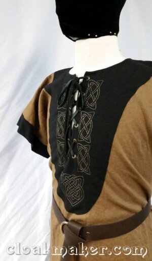 J769 - Beige Linen Short Sleeve Tunic w/ Wyvern and Celtic Heart Knot  Embroidery on Lt Brown Bib - Cloak & Dagger Creations