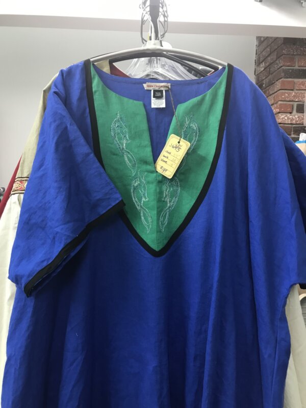 J634 - Blue Tunic. Black Trim, Green Bib Embroidered with Viking Dragons,