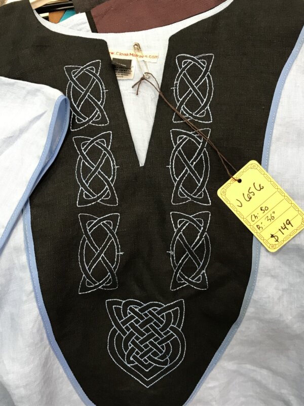 J656 - Light Blue Short Sleeve Tunic, Black Yoke, Simple & Heart Celtic Knot Embroidery, Thin Blue Trim