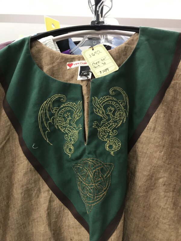 J657 - Brown Sugar Short Sleeve Linen Tunic, Forest Green Yoke, Celtic Dragon & Knot embroidery, Brown Trim