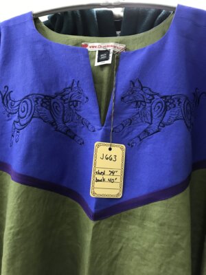 J663 - Olive Green Short Sleeve Linen Tunic, Iris Blue Yoke, Running Wolves Embroidery, Purple Trim