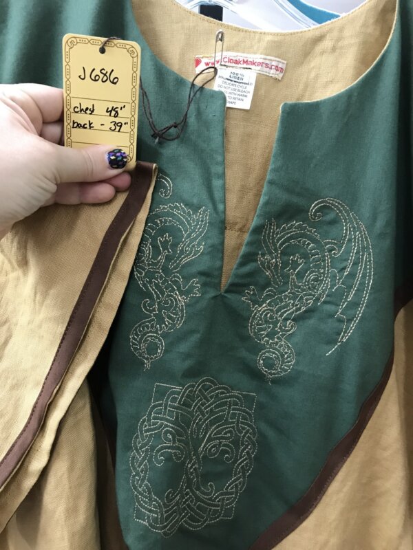 J686 - Caramel Brown Short Sleeve Linen Tunic, Forest Green Yoke w/ Winged Dragon & Tree of Life Embroidery, Brown Edging