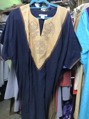 J688 - Navy Blue Short Sleeve Linen Tunic ,Caramel Brown Yoke w/ Winged Dragons & Tree of Life Embroidery, Brown Edging