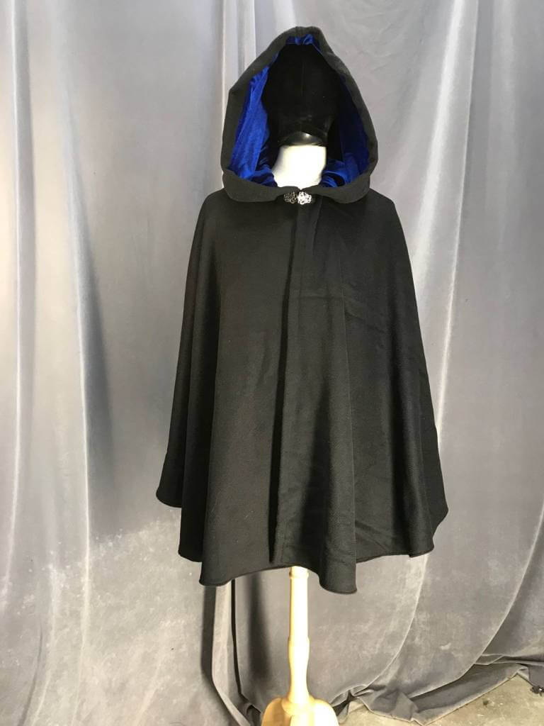 3900 - Black Wool Blend Shaped Shoulder Ruana, Blue Stretch Velvet Hood ...